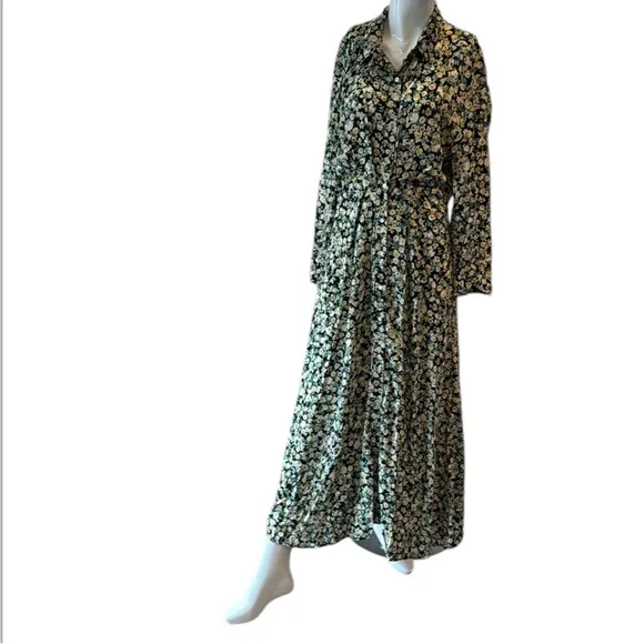 Zara Green Floral Long Sleeve Midi Shirt Dress Size Large NWT
