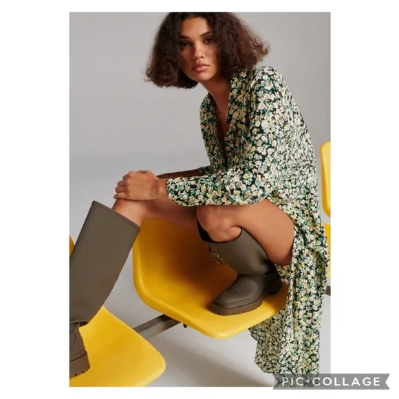 Zara Green Floral Long Sleeve Midi Shirt Dress Size Large NWT