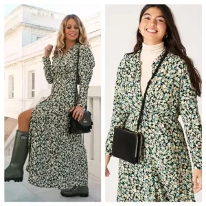 Zara Green Floral Long Sleeve Midi Shirt Dress Size Large NWT