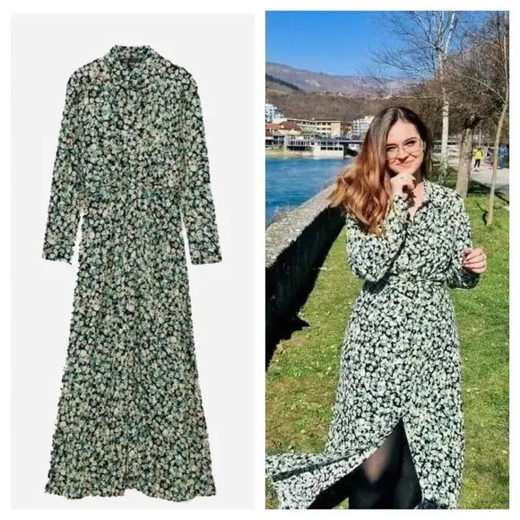 Zara Green Floral Long Sleeve Midi Shirt Dress Size Large NWT