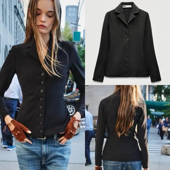 Zara NWT black fitted structured button down shirt style blazer jacket, collared