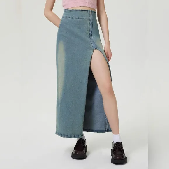 Zipper High-Rise Asymmetrical Cutout Slit Bent Seam Denim Retro Jean Midi Skirt
