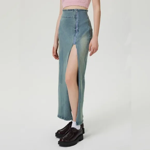 Zipper High-Rise Asymmetrical Cutout Slit Bent Seam Denim Retro Jean Midi Skirt