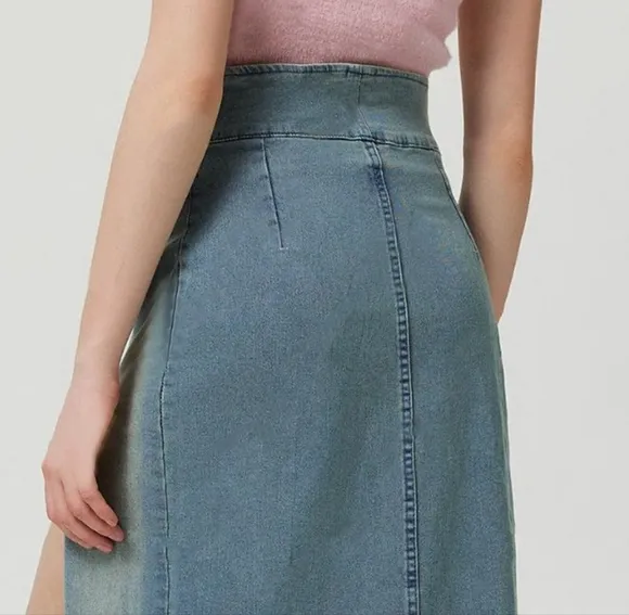Zipper High-Rise Asymmetrical Cutout Slit Bent Seam Denim Retro Jean Midi Skirt