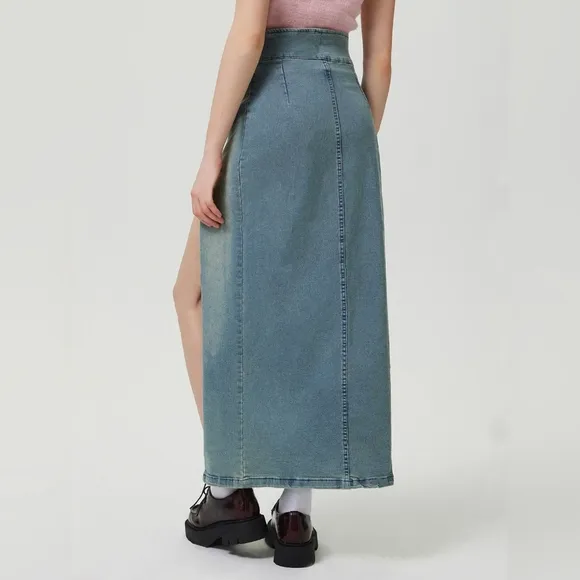 Zipper High-Rise Asymmetrical Cutout Slit Bent Seam Denim Retro Jean Midi Skirt