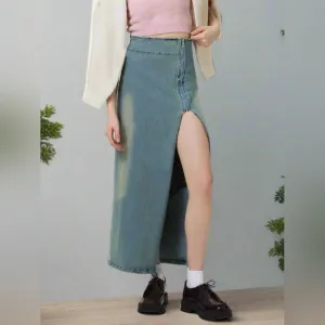 Zipper High-Rise Asymmetrical Cutout Slit Bent Seam Denim Retro Jean Midi Skirt