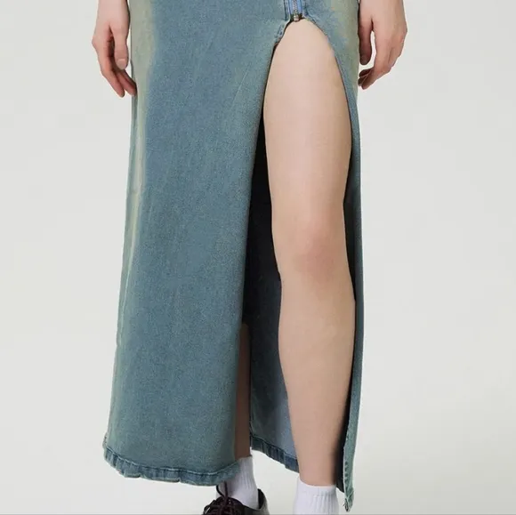 Zipper High-Rise Asymmetrical Cutout Slit Bent Seam Denim Retro Jean Midi Skirt