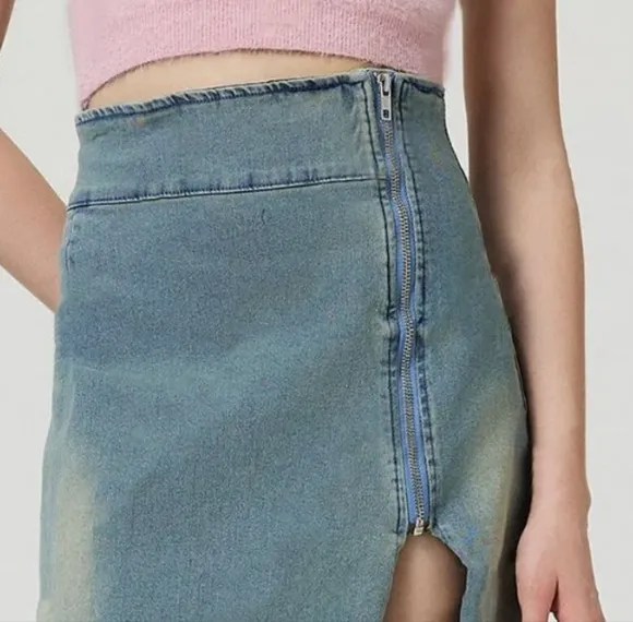 Zipper High-Rise Asymmetrical Cutout Slit Bent Seam Denim Retro Jean Midi Skirt