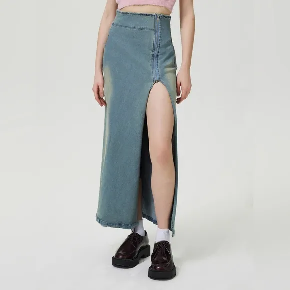 Zipper High-Rise Asymmetrical Cutout Slit Bent Seam Denim Retro Jean Midi Skirt