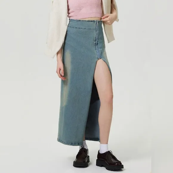 Zipper High-Rise Asymmetrical Cutout Slit Bent Seam Denim Retro Jean Midi Skirt