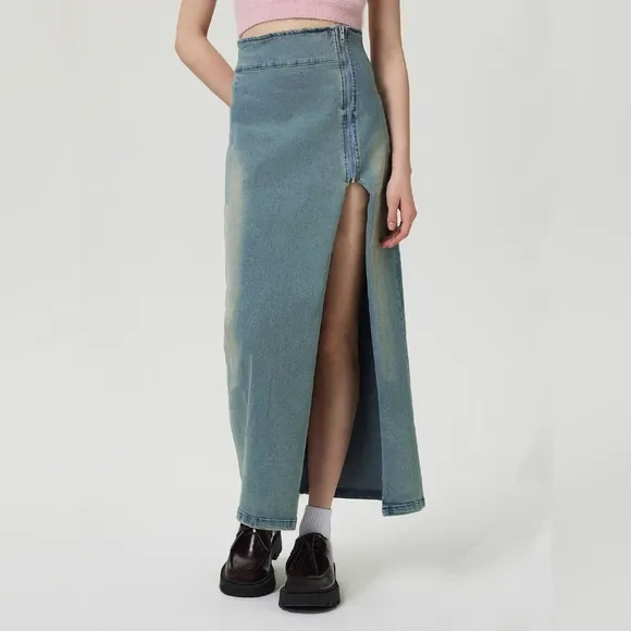 Zipper High-Rise Asymmetrical Cutout Slit Bent Seam Denim Retro Jean Midi Skirt