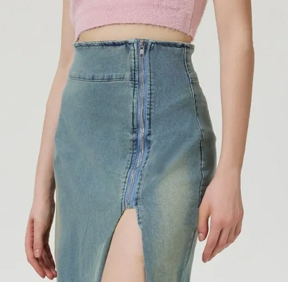 Zipper High-Rise Asymmetrical Cutout Slit Bent Seam Denim Retro Jean Midi Skirt