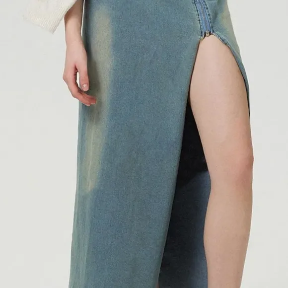Zipper High-Rise Asymmetrical Cutout Slit Bent Seam Denim Retro Jean Midi Skirt