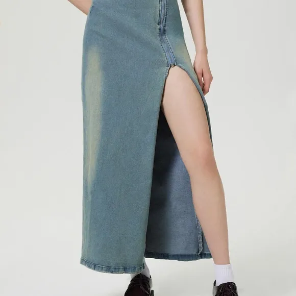 Zipper High-Rise Asymmetrical Cutout Slit Bent Seam Denim Retro Jean Midi Skirt